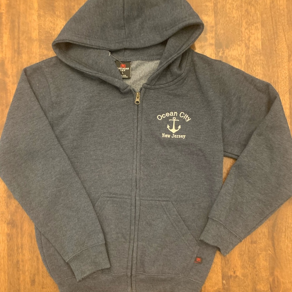 Gray Hood Sweatshirt Zipper OCEAN CITY New Jersey Anchor Youth Large NEW